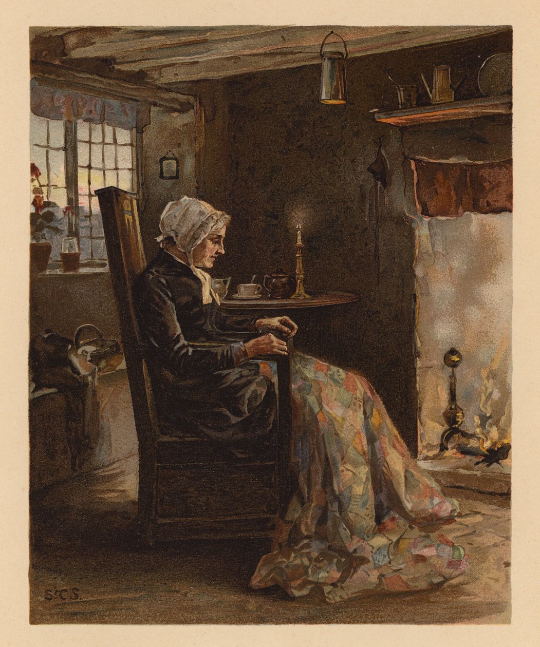 Femme cousant un patchwork (chromolitho) - English School