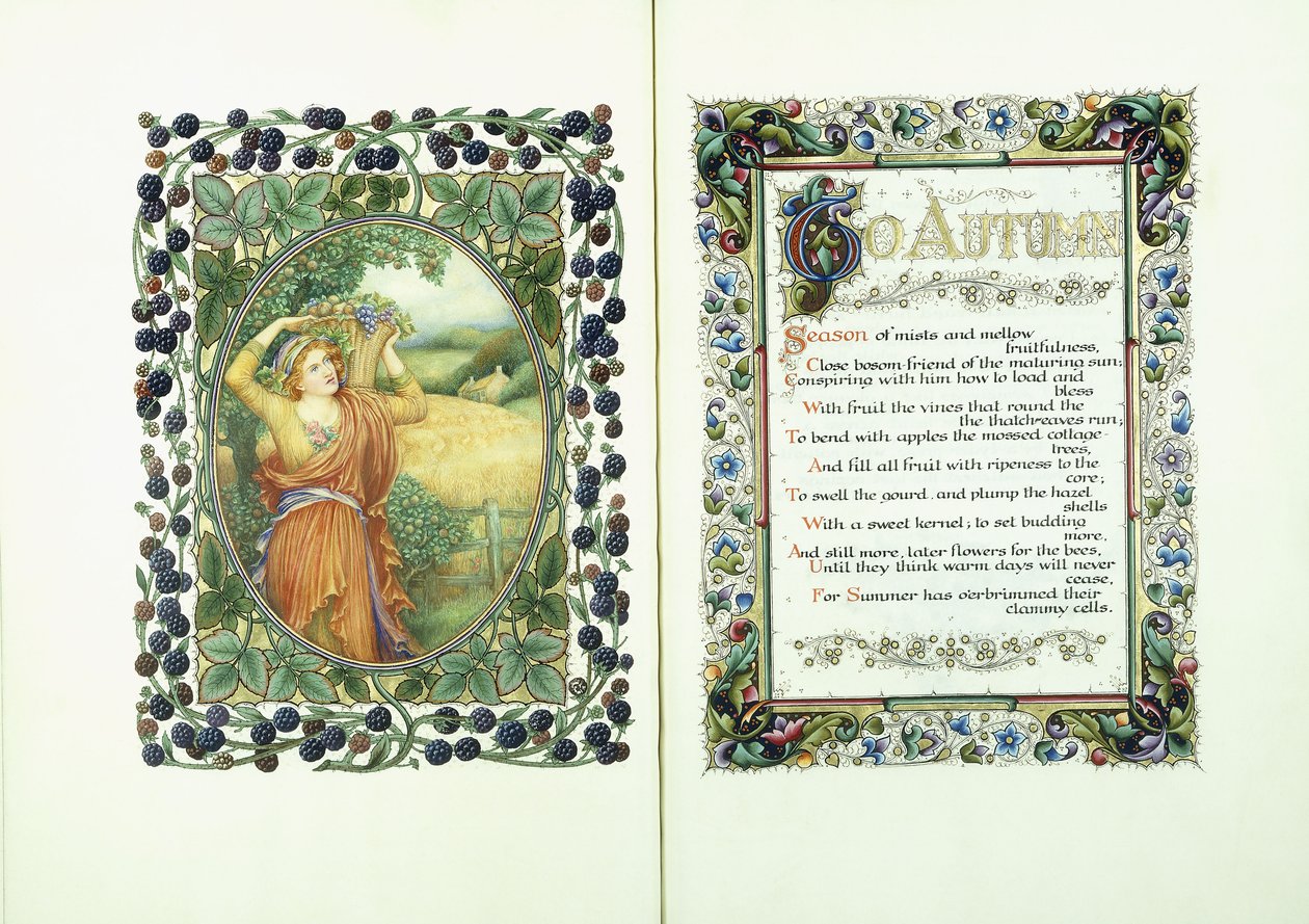 Femme avec le panier de récolte (verso) et manuscrit enluminé avec des vers de 