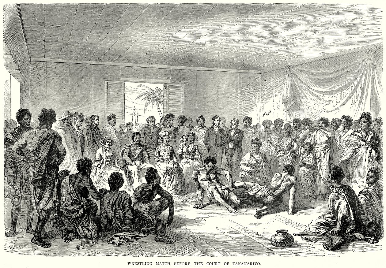 Match de lutte devant le tribunal de Tananarive (gravure) - English School