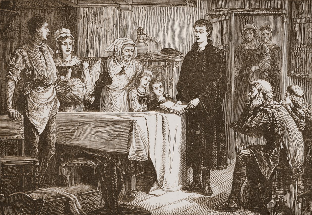 Jeune Calvin expliquant la Bible à une famille à Bourges, illustration de L