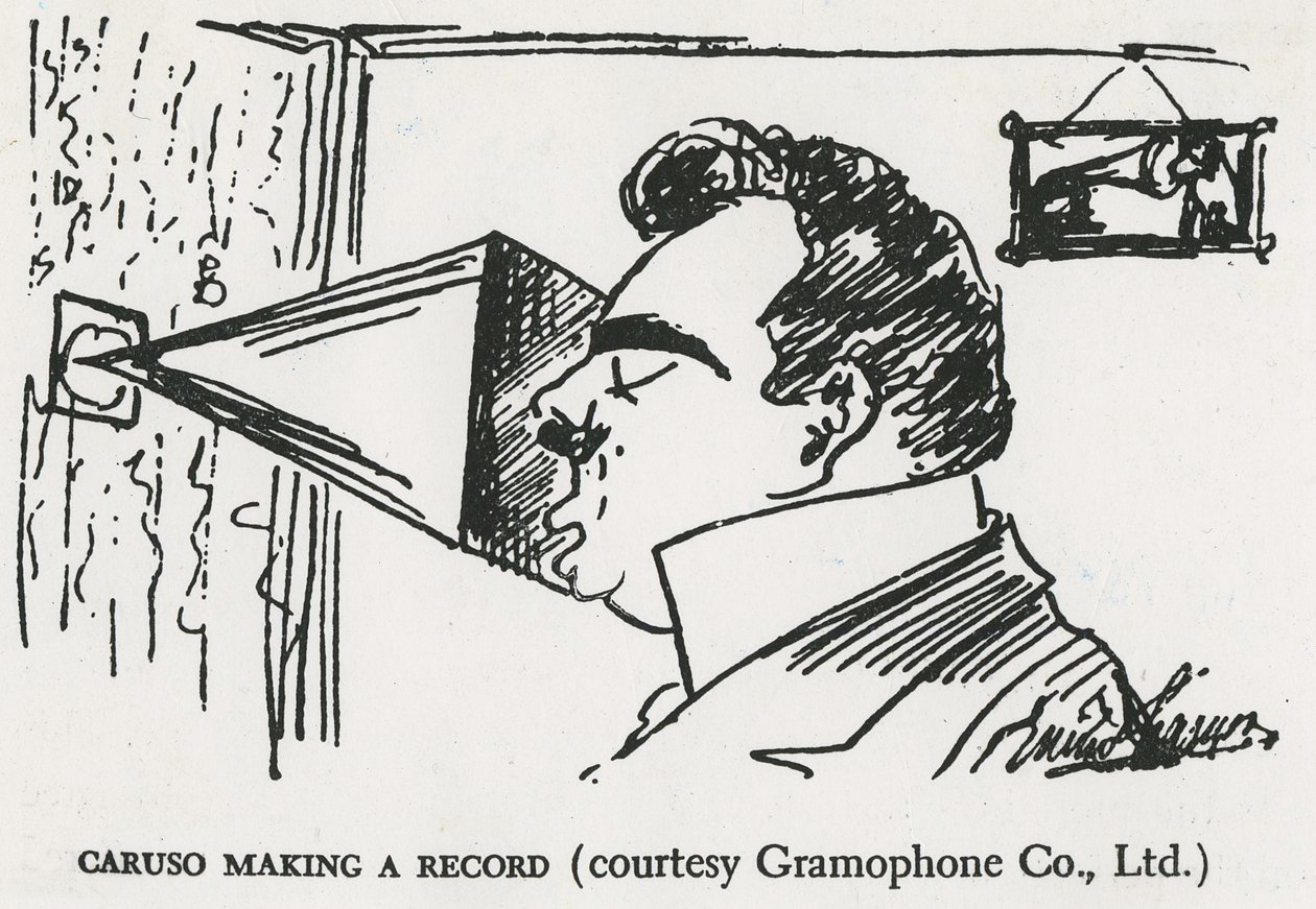 Caruso enregistrant son premier disque, 1902 (dessin) - Enrico Caruso