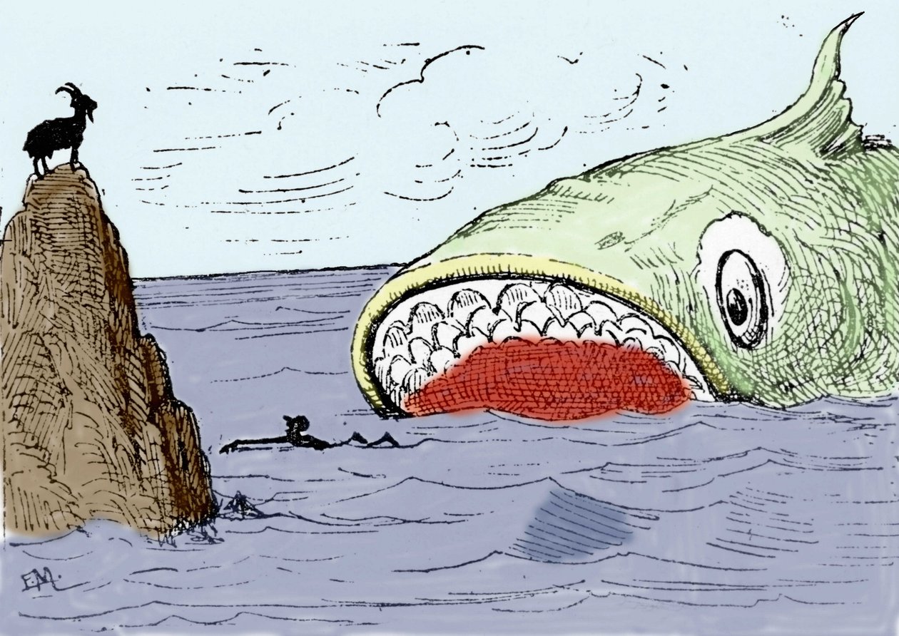 Illustration du conte « Pinocchio » de Carlo Collodi. Un énorme poisson appréhendé pour manger Pinocchio. Illustration par Enrico Mazzanti pour l