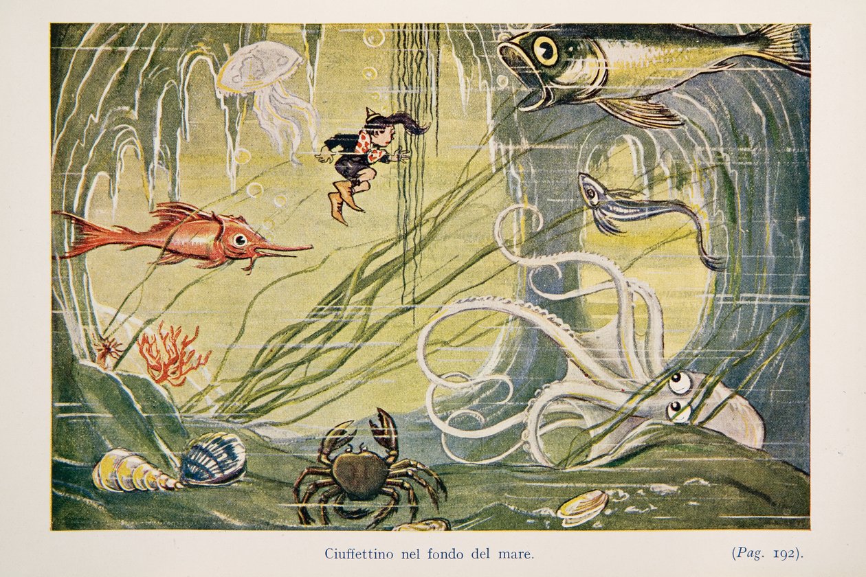 Ciuffettino au fond de la mer, illustration de Le Avventure di Ciuffettino - Enrico de Conti Novelli