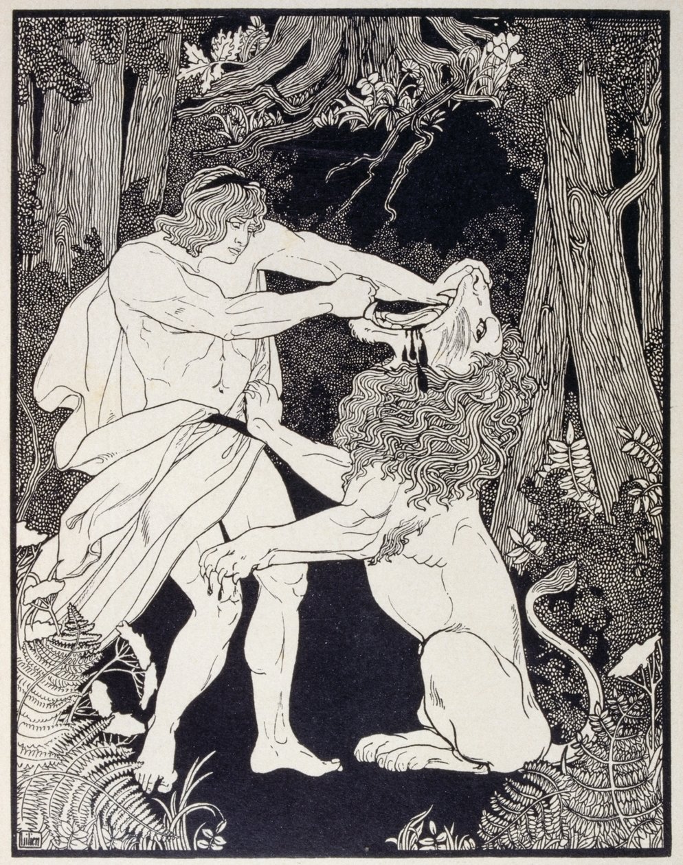 Dessin de Samson combattant un lion (gravure) - Ephraim Moses Lilien