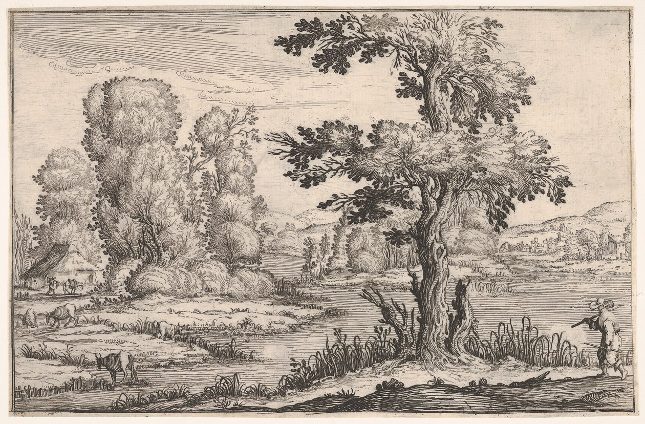 Paysage avec chèvres broutant près d