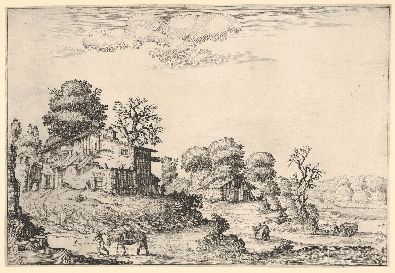 Paysage avec habitations paysannes et un homme menant un cheval au premier plan à gauche, 1638 - Ercole Bazicaluva