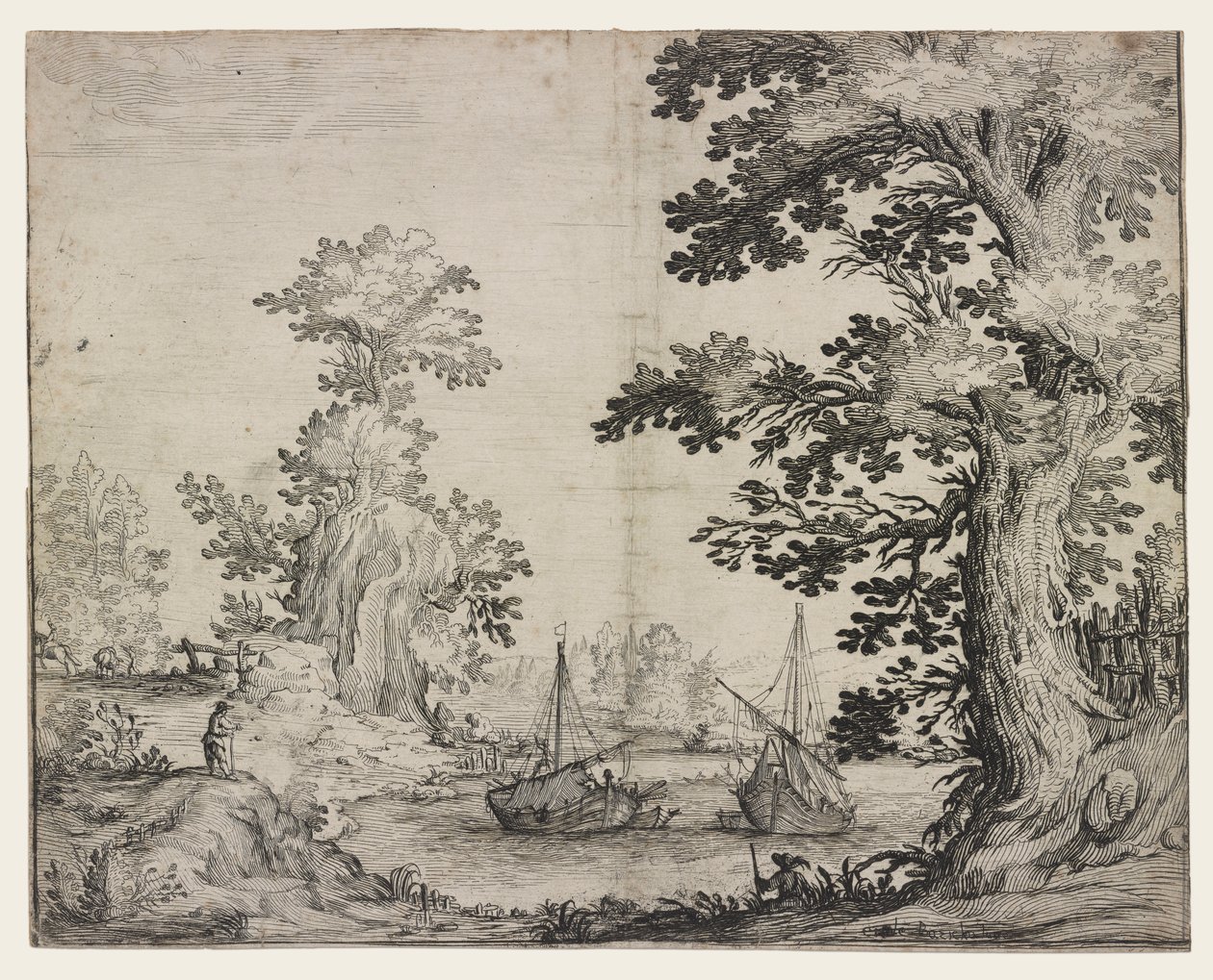 Paysage avec une rivière entre arbres et collines, deux navires au centre - Ercole Bazzicaluva