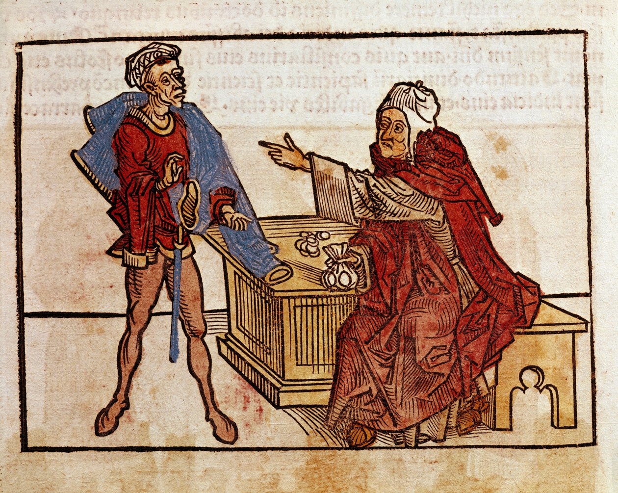 Transaction entre un Juif et un usurier Page tirée du livre de voyage « peregrinatio in terram sanctam » après le pèlerinage en Terre Sainte de Bernard de Breydenbach (Breidenbach) (1454-1497) illustré par des gravures d