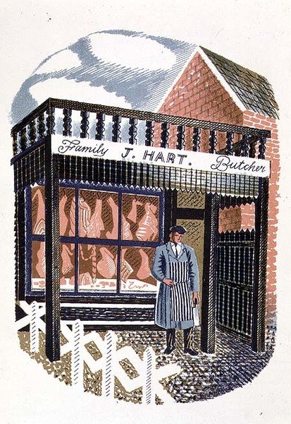 La boucherie, imprimée par la Curwen Press, de High Street, par J.M. Richards, publiée par Country Life, 1938 (ensemble de 24) - Eric Ravilious