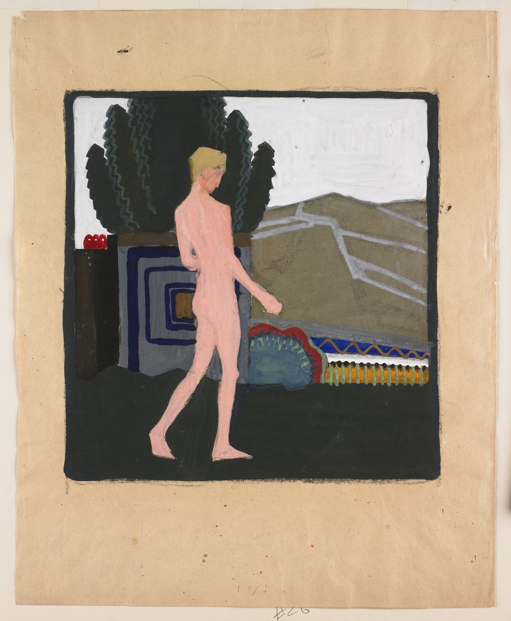 Nu masculin debout dans un paysage, vers 1914 (gouache sur papier) - Erich Mallina
