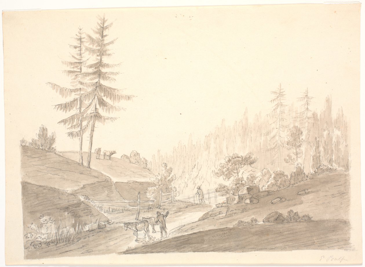 Paysage montagneux norvégien avec du bétail et deux hommes - Erik Pauelsen