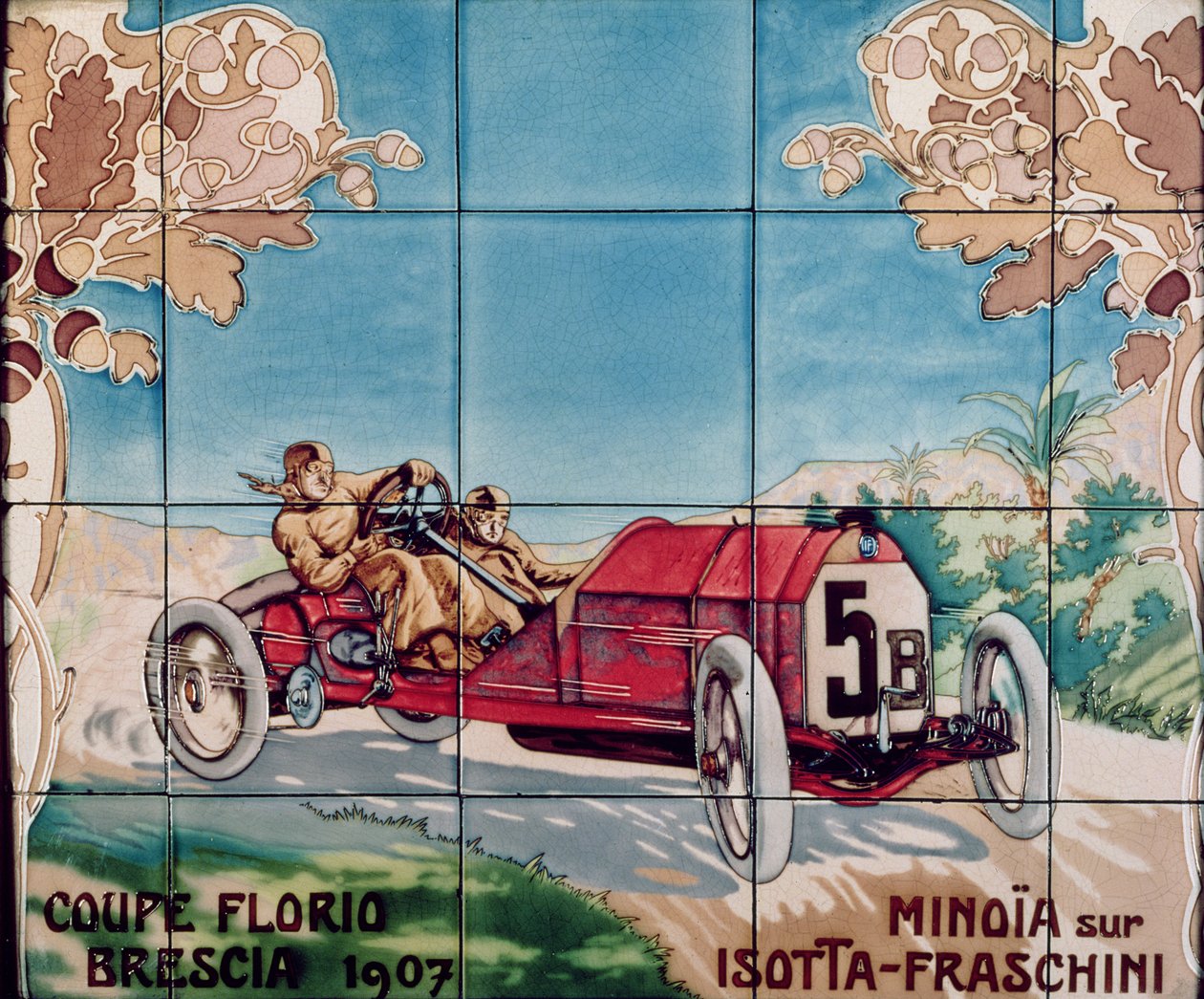 Minoia conduisant une voiture Isotta Fraschini dans la Coupe Florio Brescia de 1907 : carreaux de céramique fabriqués par Gilardoni Fils et Cie de Paris, d