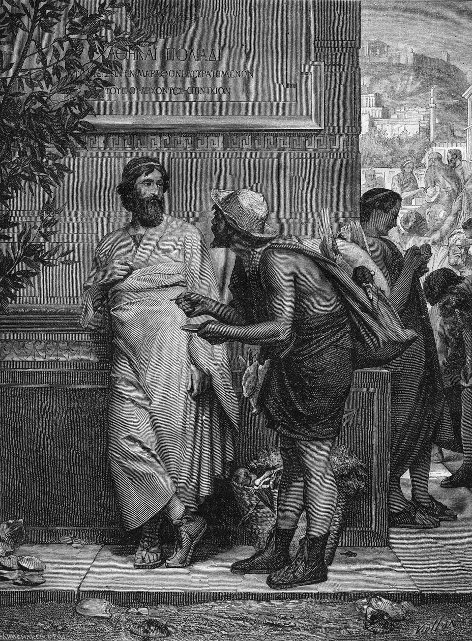 Ostracisme dans la Grèce antique : "Aristide et le paysan". Un paysan illettré qui ne reconnaît pas l