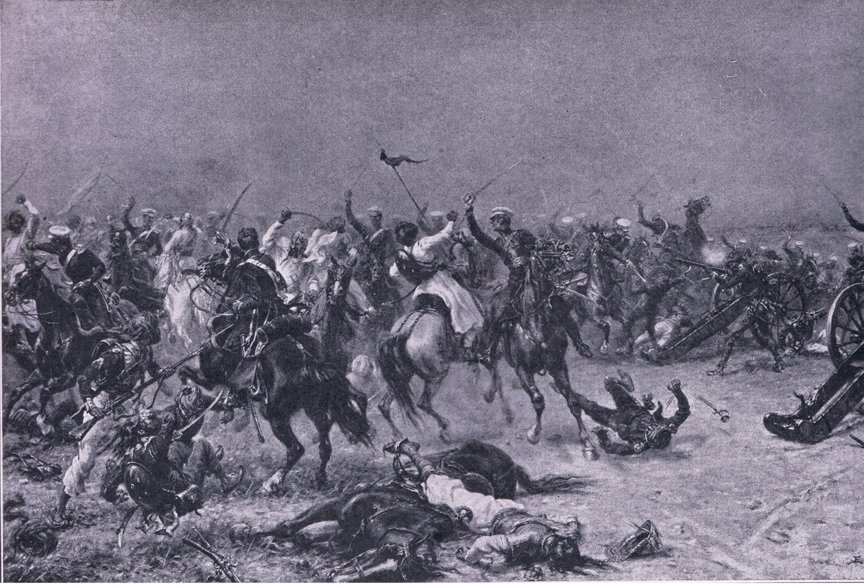 La charge des dragons légers du roi à Mudki, illustration de British Battles on Land and Sea, 1915 - Ernest Crofts