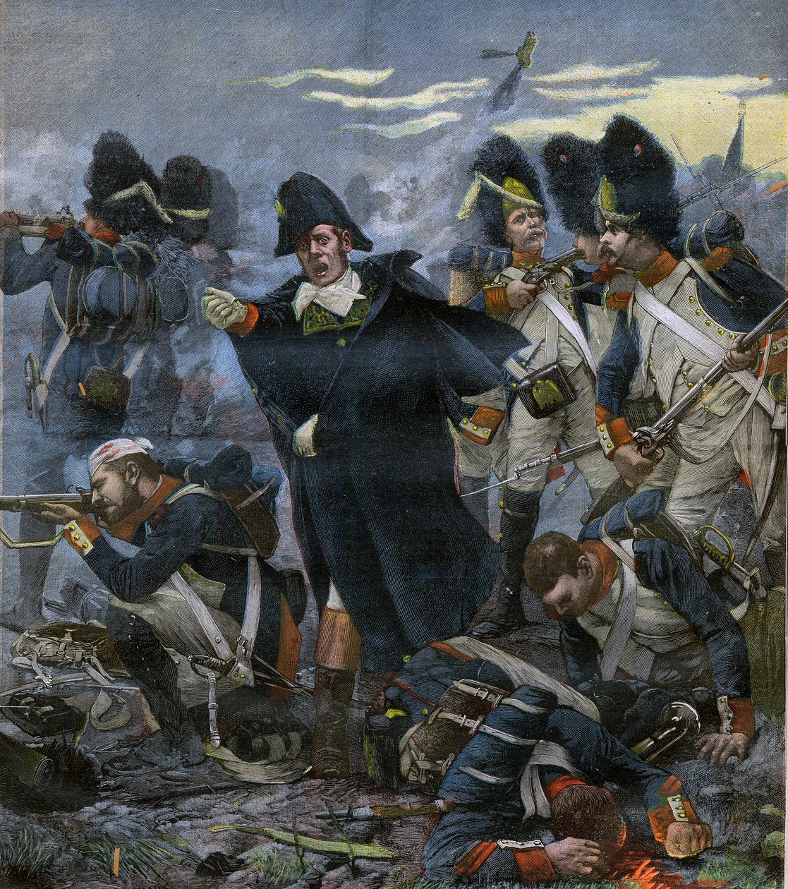Général Pierre Cambronne (1770-1842) aux côtés de ses troupes à la bataille de Waterloo - gravure d