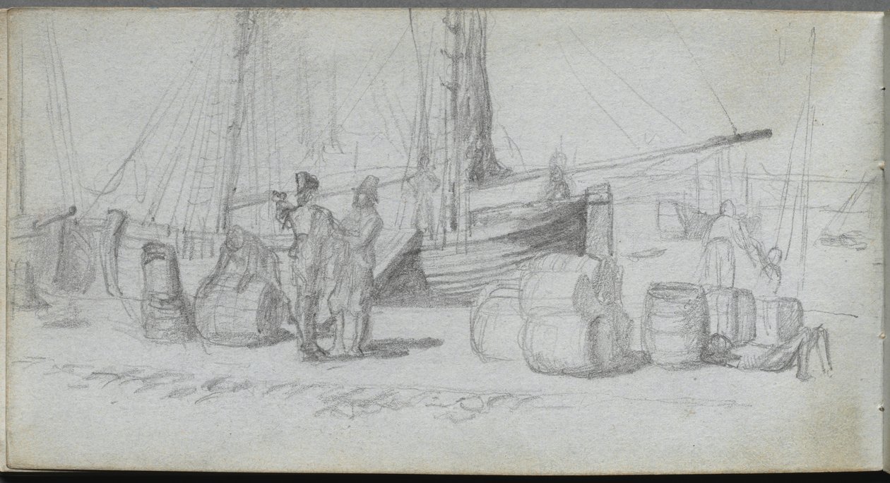 Carnet de croquis, page 50 : Bateaux, figures, cargaison sur une plage - Ernest Meissonier