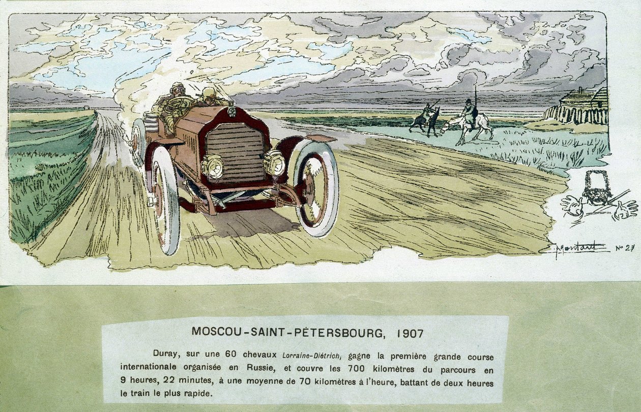 Course automobile : Moscou - Saint-Pétersbourg, vers 1900 - dessin par Ernest Montaut (1878-1909) - Ernest Montaut
