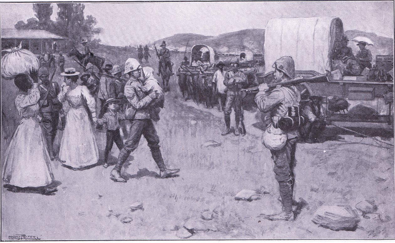 Soldats britanniques aidant les réfugiés boers, illustration de Après Pretoria : La guerre de guérilla, 1902 - Ernest Prater