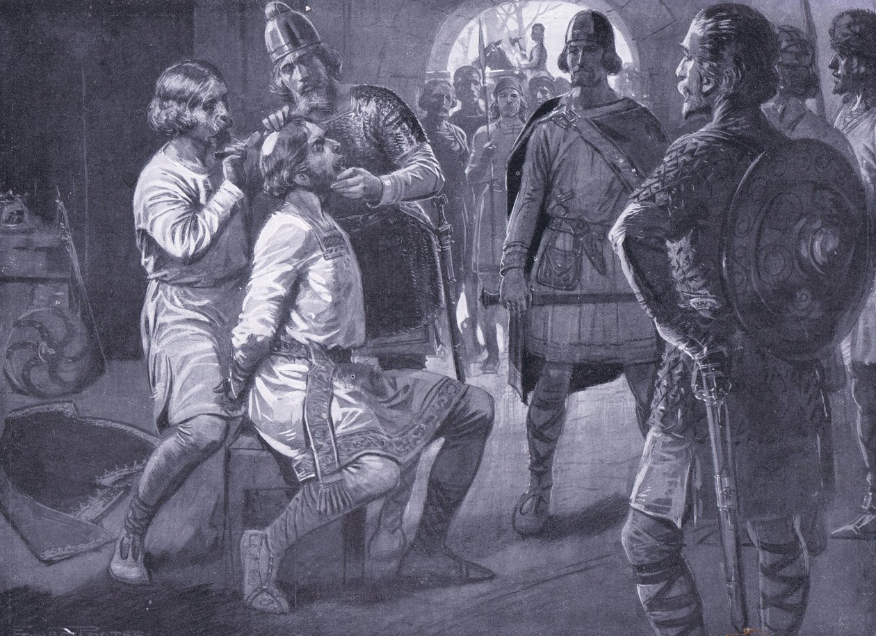 Ceowulf, roi de Northumbrie, se faisant tondre de force en 731 - Ernest Prater