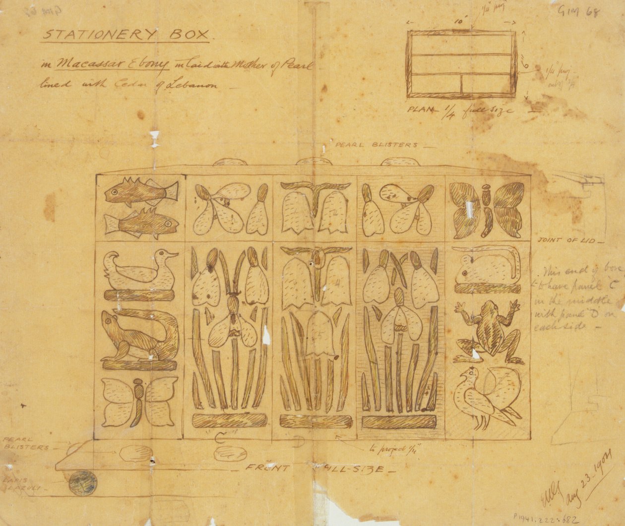 Design pour une boîte à papeterie en ébène de Macassar incrustée de nacre - Ernest William Gimson