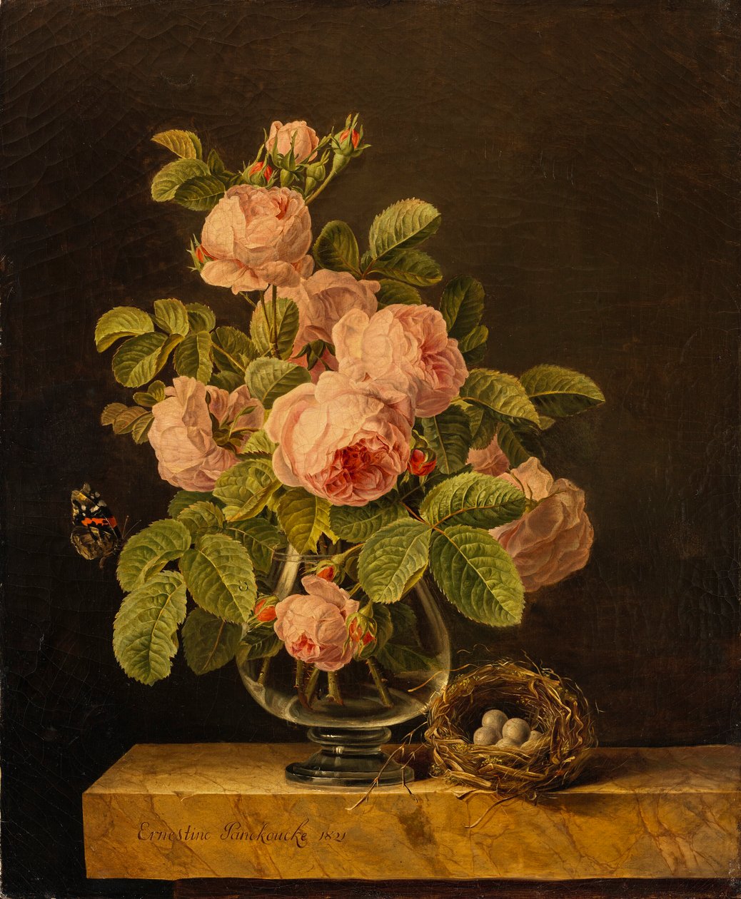 Ernestine Panckoucke - Un vase de roses avec un papillon et un nid sur une corniche - Ernestine Panckoucke