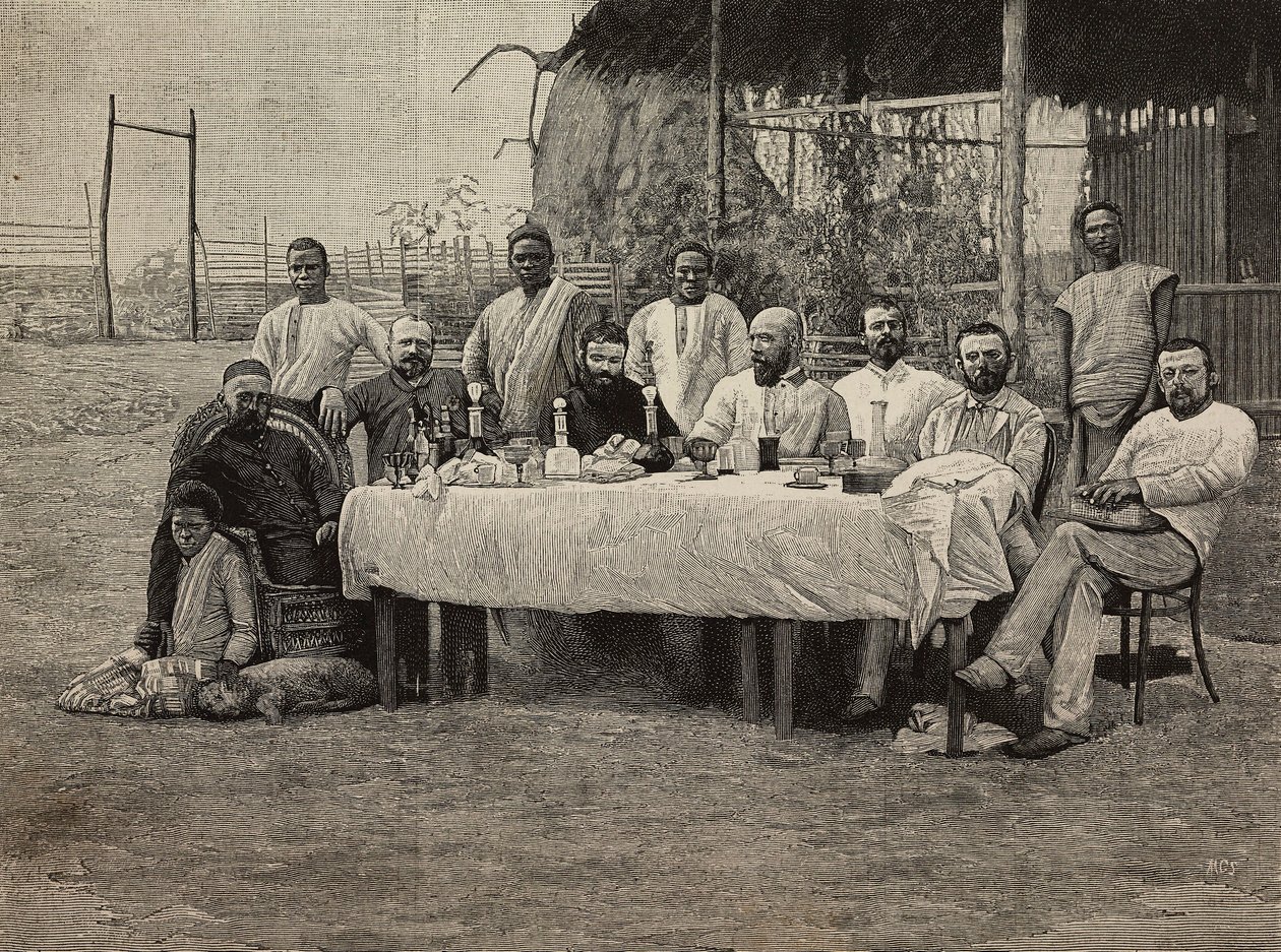 Banquet de la société anti-esclavagiste au consulat italien à Boma, République démocratique du Congo, gravure d