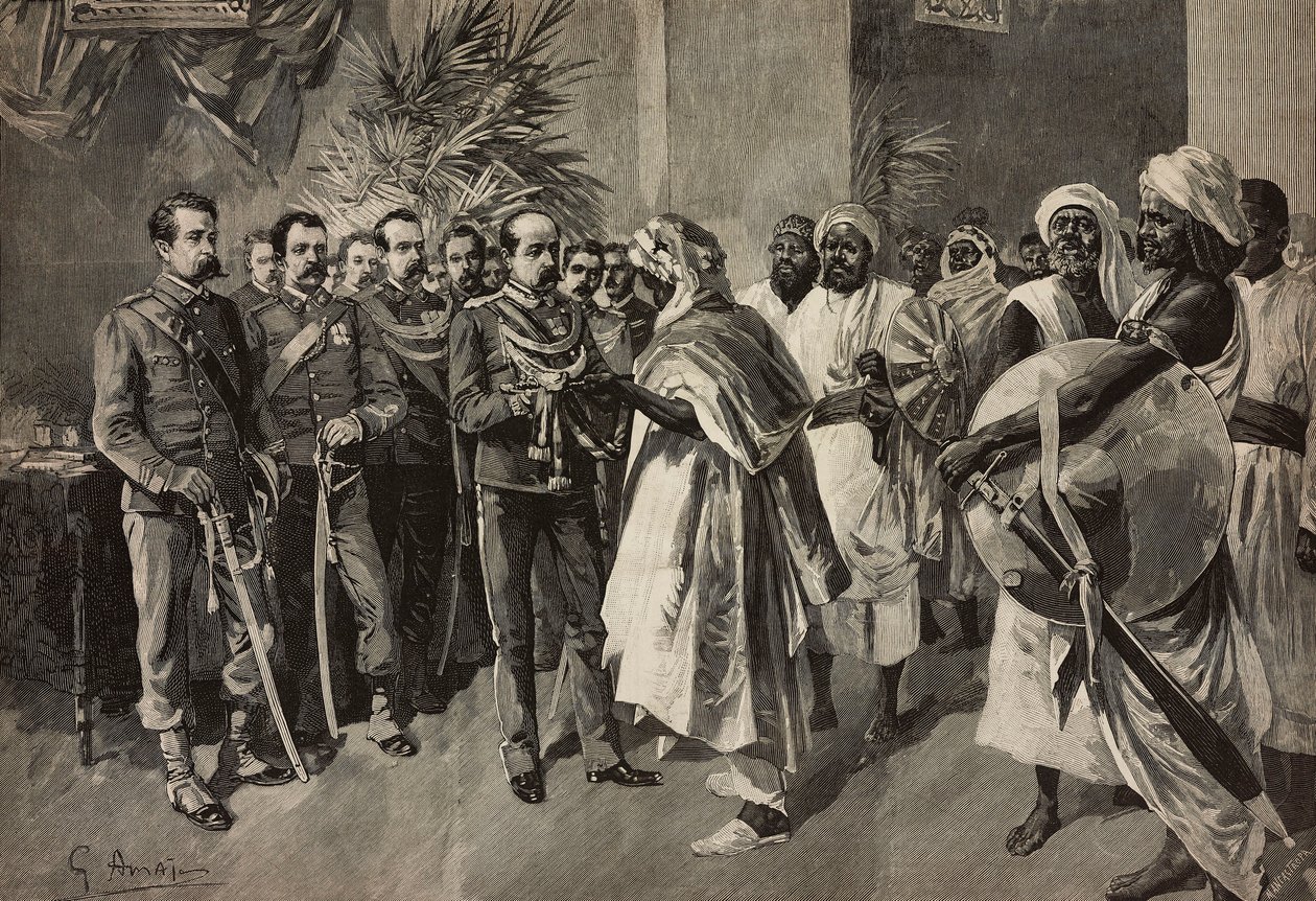 Le général Tancredi Saletta offrant une épée à Kantibai, chef des Abab, Massawa, guerre érythréenne, gravure par Ernesto Mancastroppa d