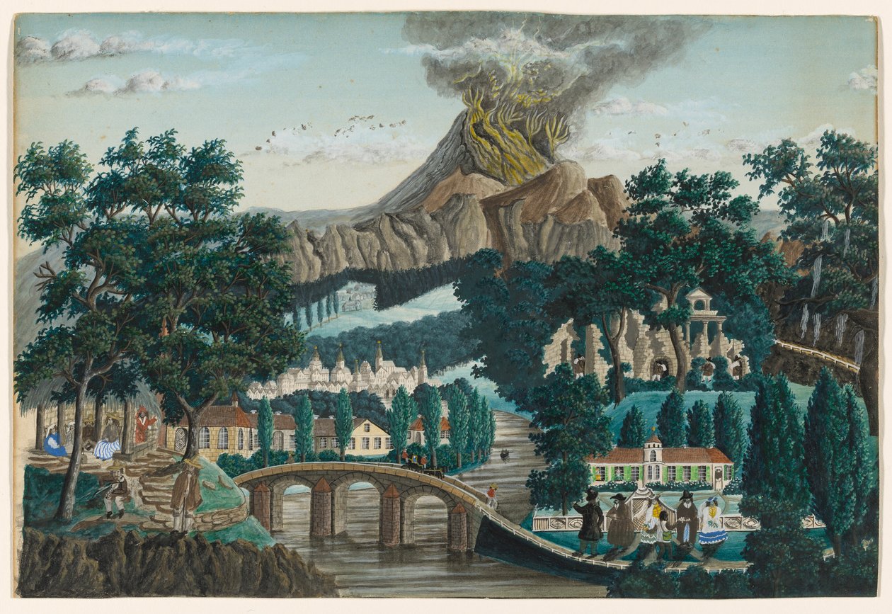 Paysage avec volcan en éruption, pont et fête de mariage - Ernst Damitz