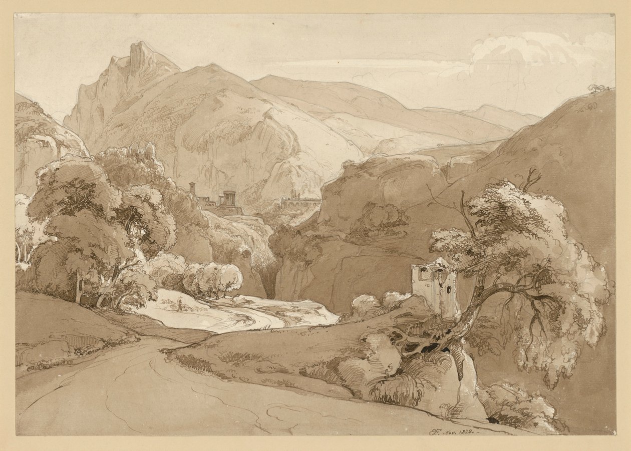 Paysage de montagne italien, avec au second plan les ruines d