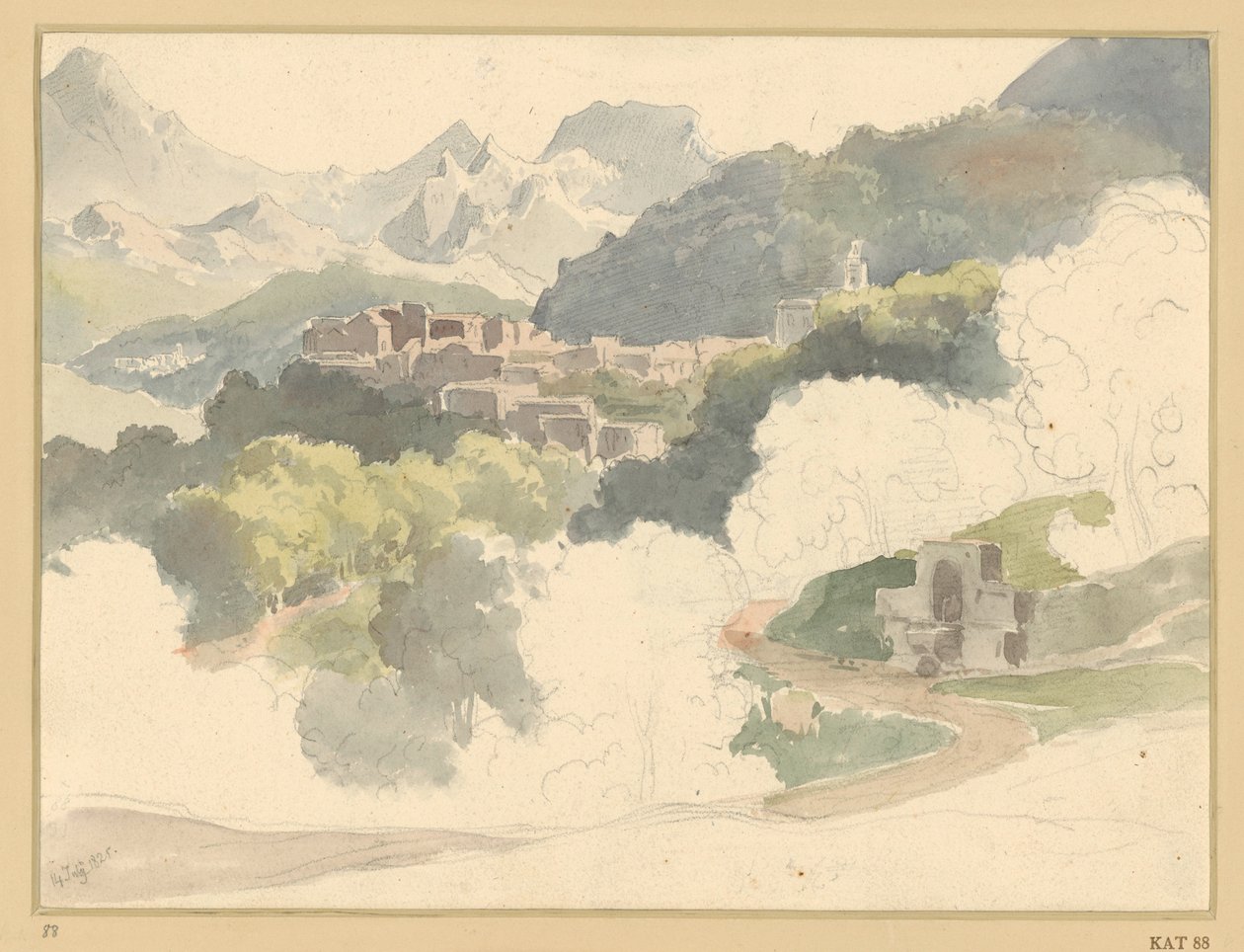 Paysage montagneux italien, avec un village au second plan - Ernst Fries