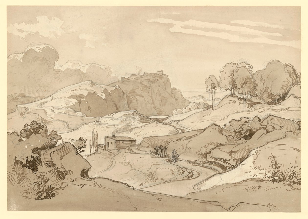 Paysage italien avec collines rocheuses et arbres, une cabane et des figures de staffage au bord du chemin - Ernst Fries