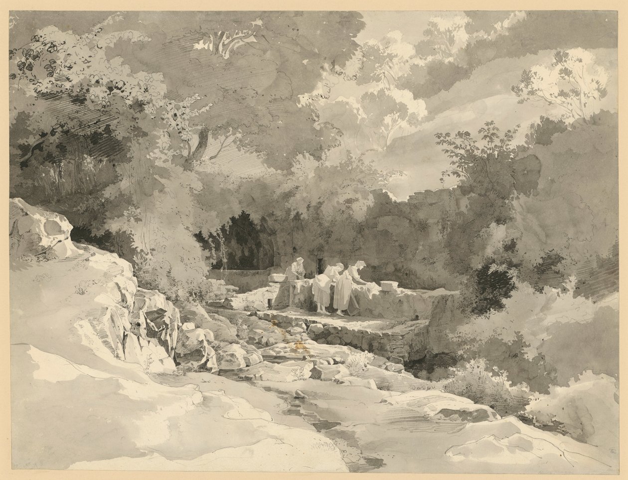 Paysage avec des femmes à la fontaine de lavage - Ernst Fries
