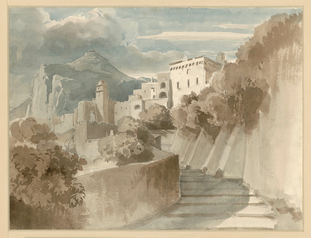 Motif de Subiaco. Groupe de maisons et escaliers, une montagne à l