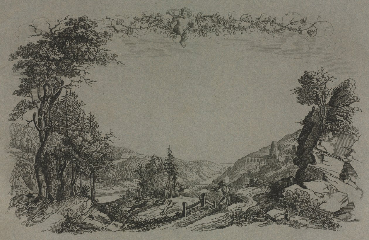 Six vues du château de Heidelberg : Couverture, scène de chasse - Ernst Fries