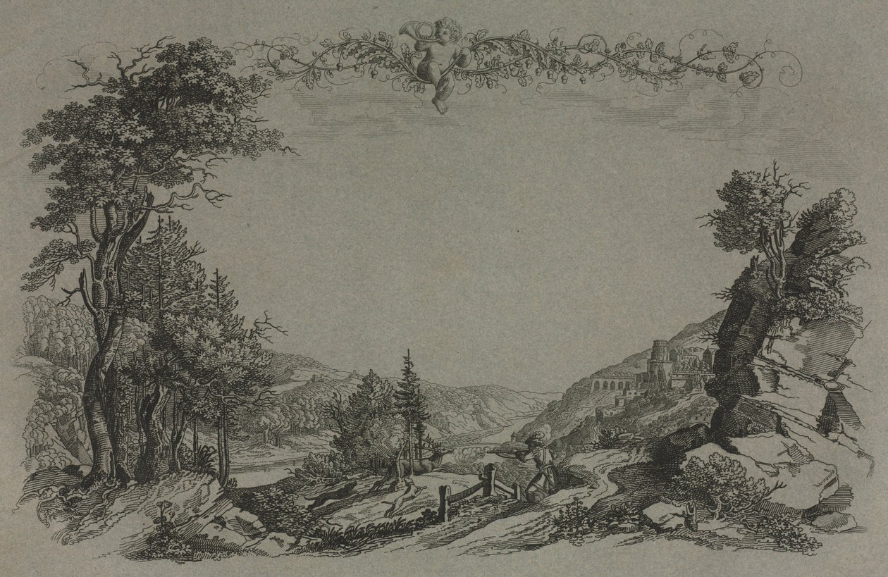 Six vues du château de Heidelberg : Couverture, scène de chasse, 1820 - Ernst Fries