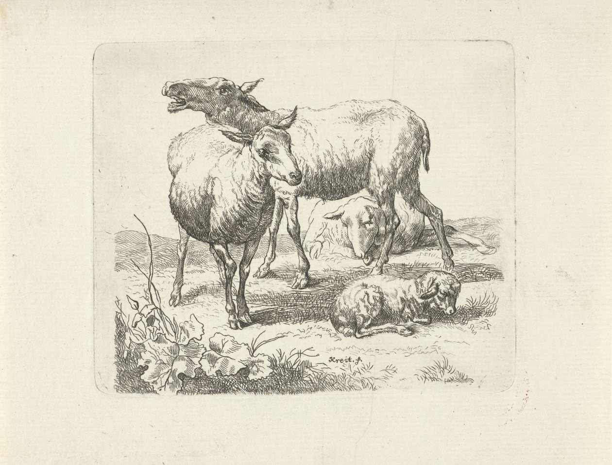 Trois moutons et un agneau dans un pré - Ernst Ludwig Creite