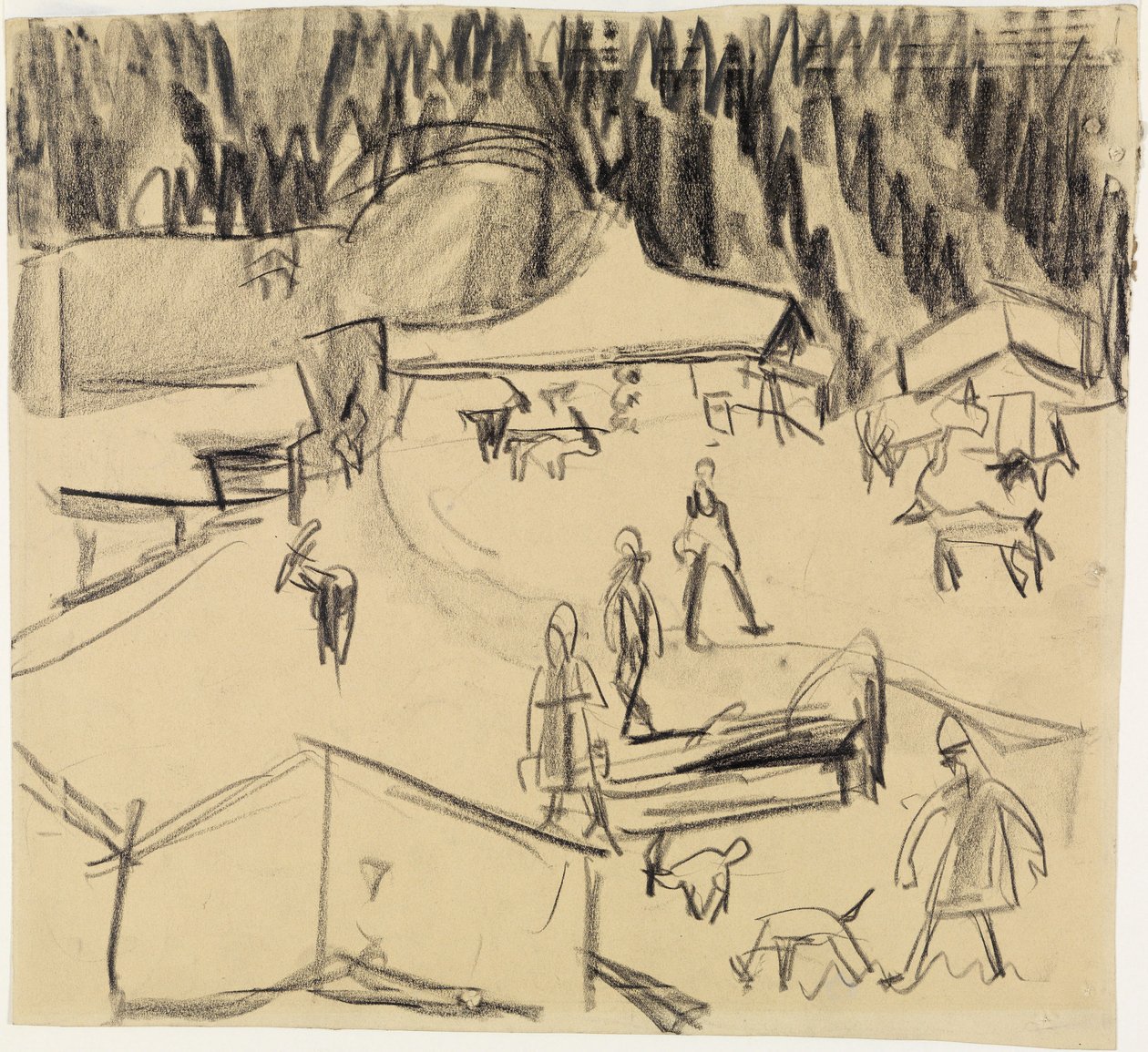 Village de montagne (Staffelalp) avec des bergers et des chèvres - Ernst Ludwig Kirchner