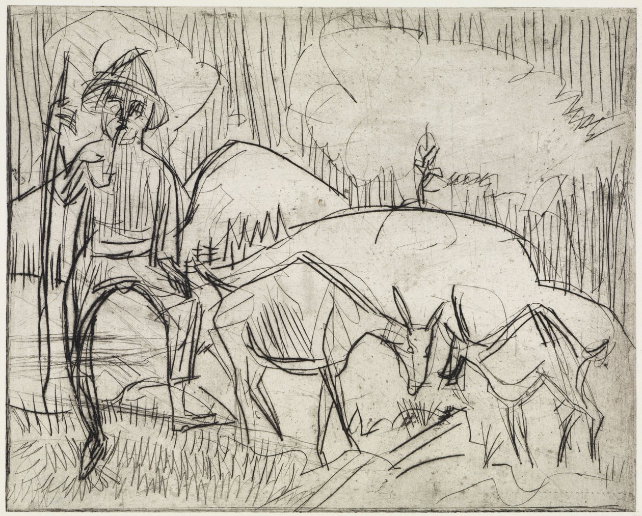 Berger avec des chèvres/Versant de montagne avec des personnes et des chèvres - Ernst Ludwig Kirchner