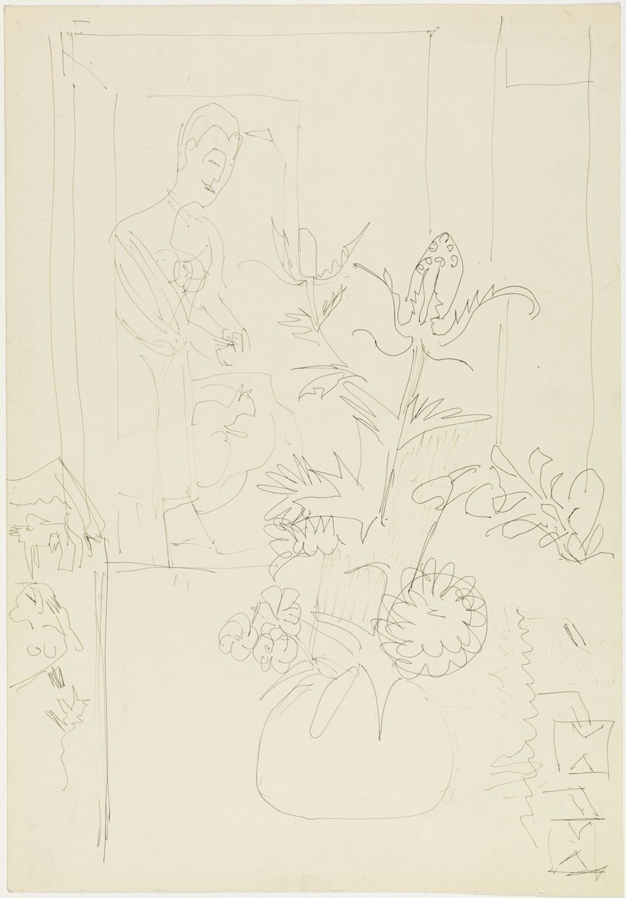 Intérieur avec vase de fleurs, femme et chat - Ernst Ludwig Kirchner