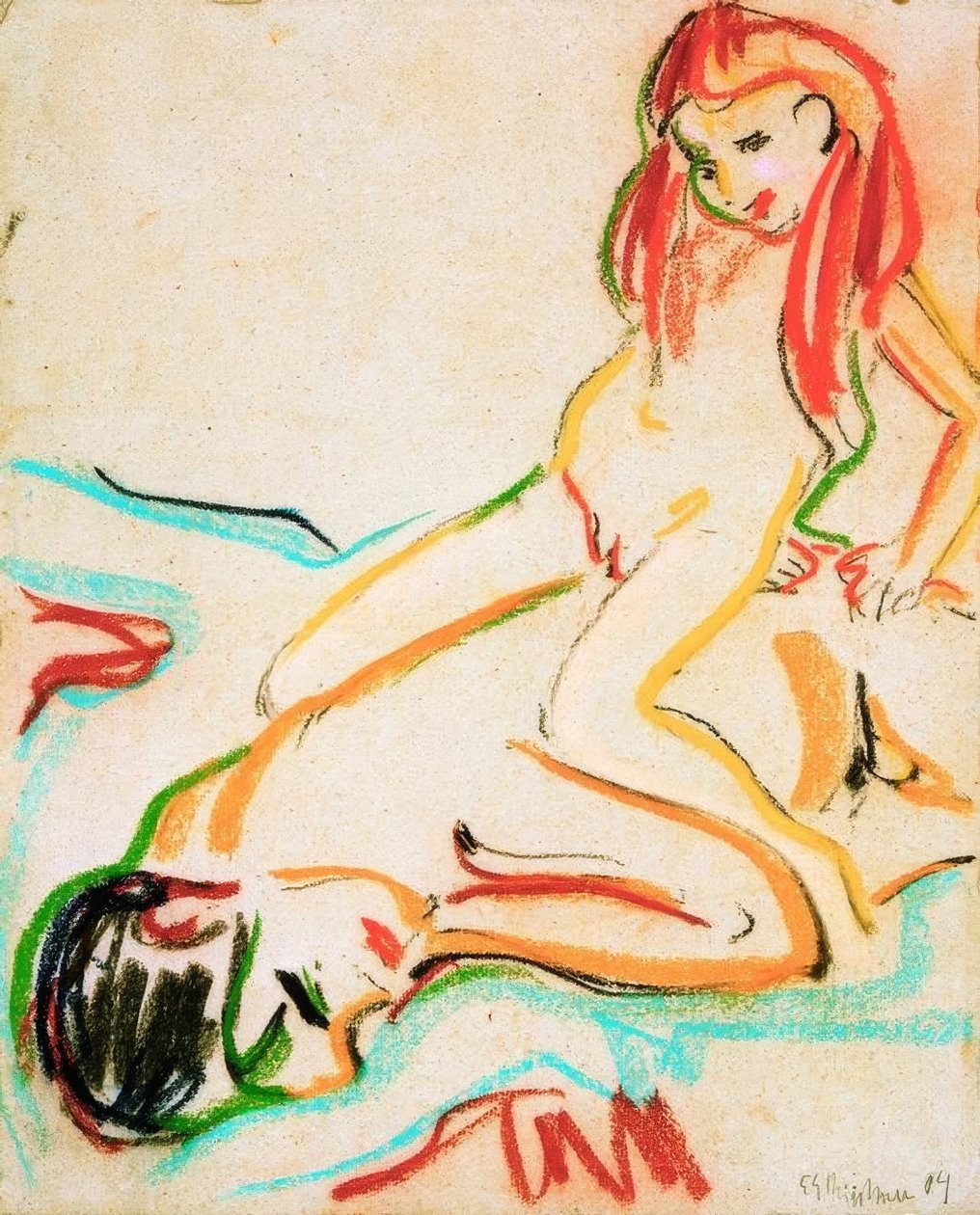 Homme nu couché avec enfant sur le dos - Ernst Ludwig Kirchner