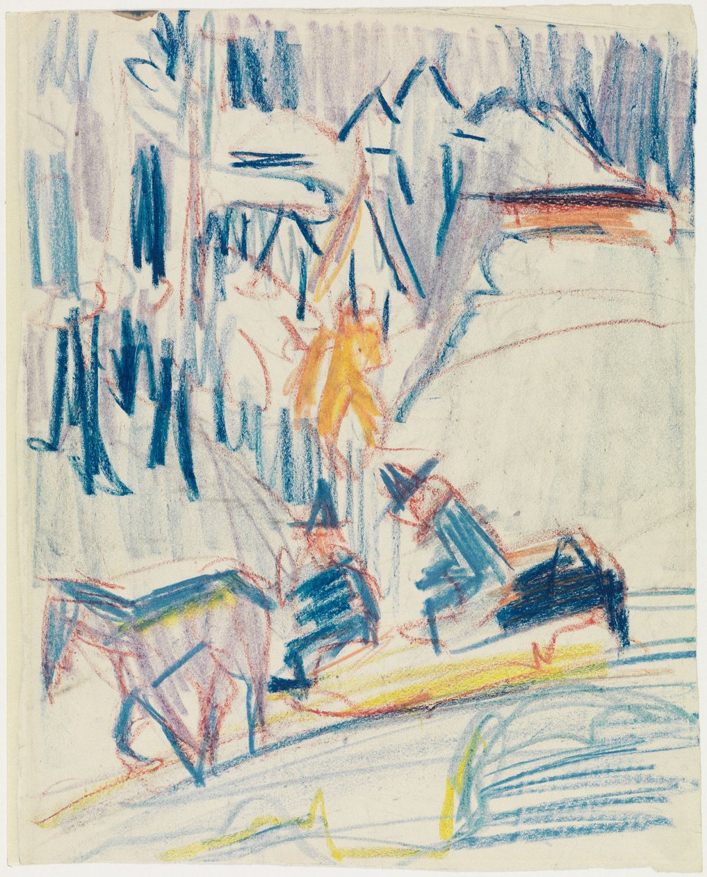 Traîneau tiré par des chevaux avec deux hommes en haute montagne - Ernst Ludwig Kirchner