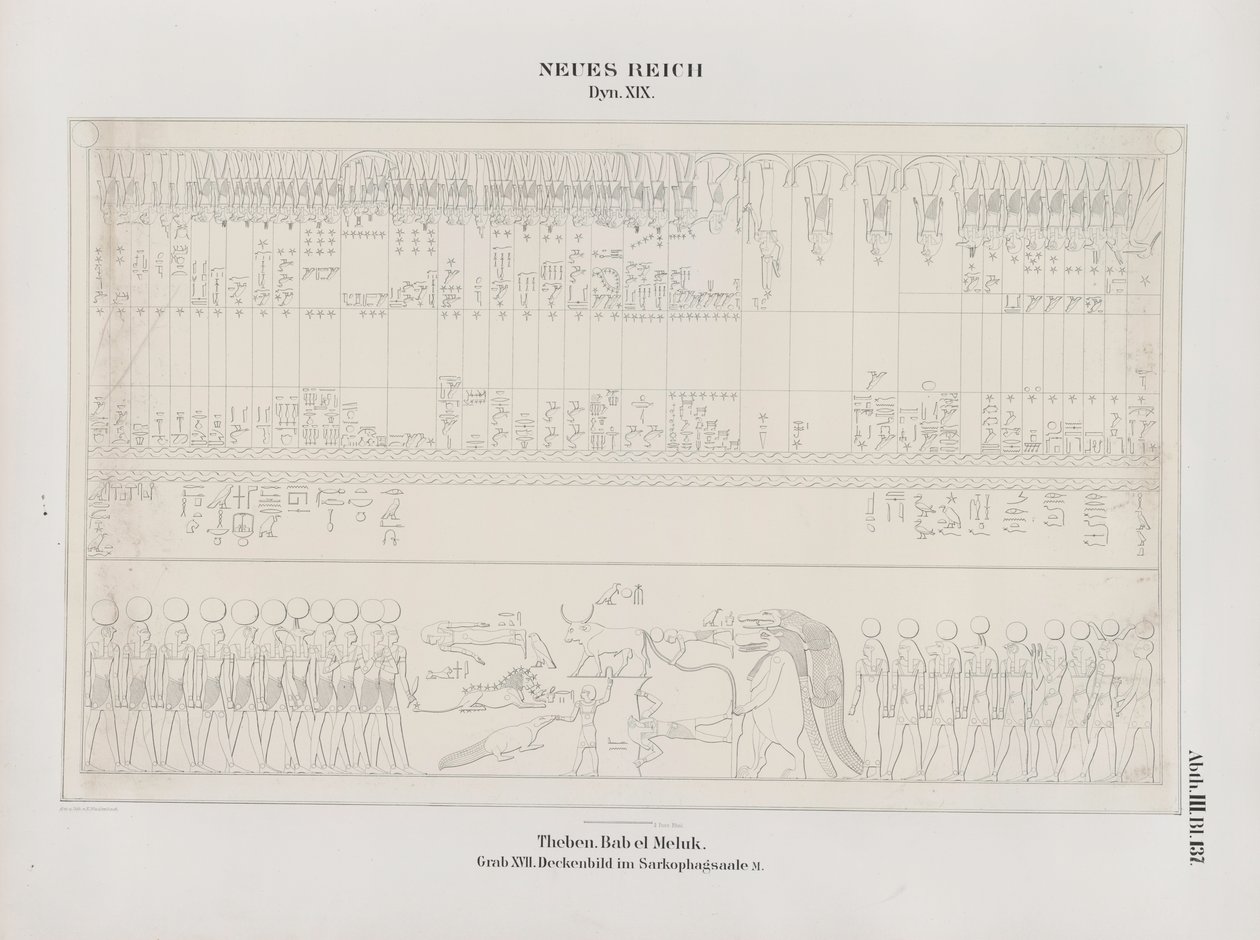 Dessin de la peinture du plafond dans la salle du sarcophage, 19ème dynastie, Thèbes, Biban-el-Muluk, Nouvel Empire, illustration de "Monuments de l
