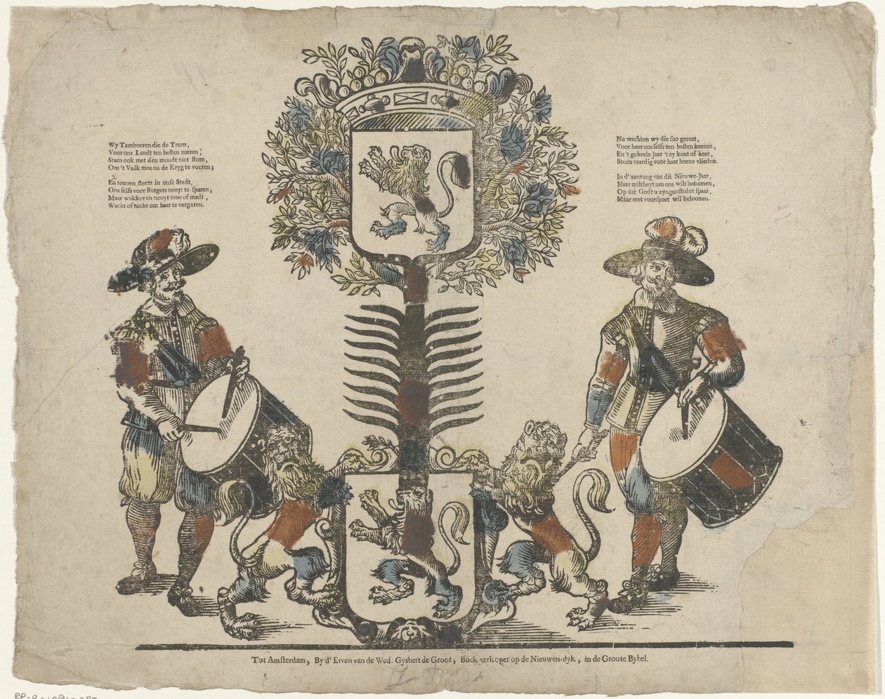 Arbre avec deux blasons, un tambour de chaque côté - Erven Weduwe Gijsbert de Groot