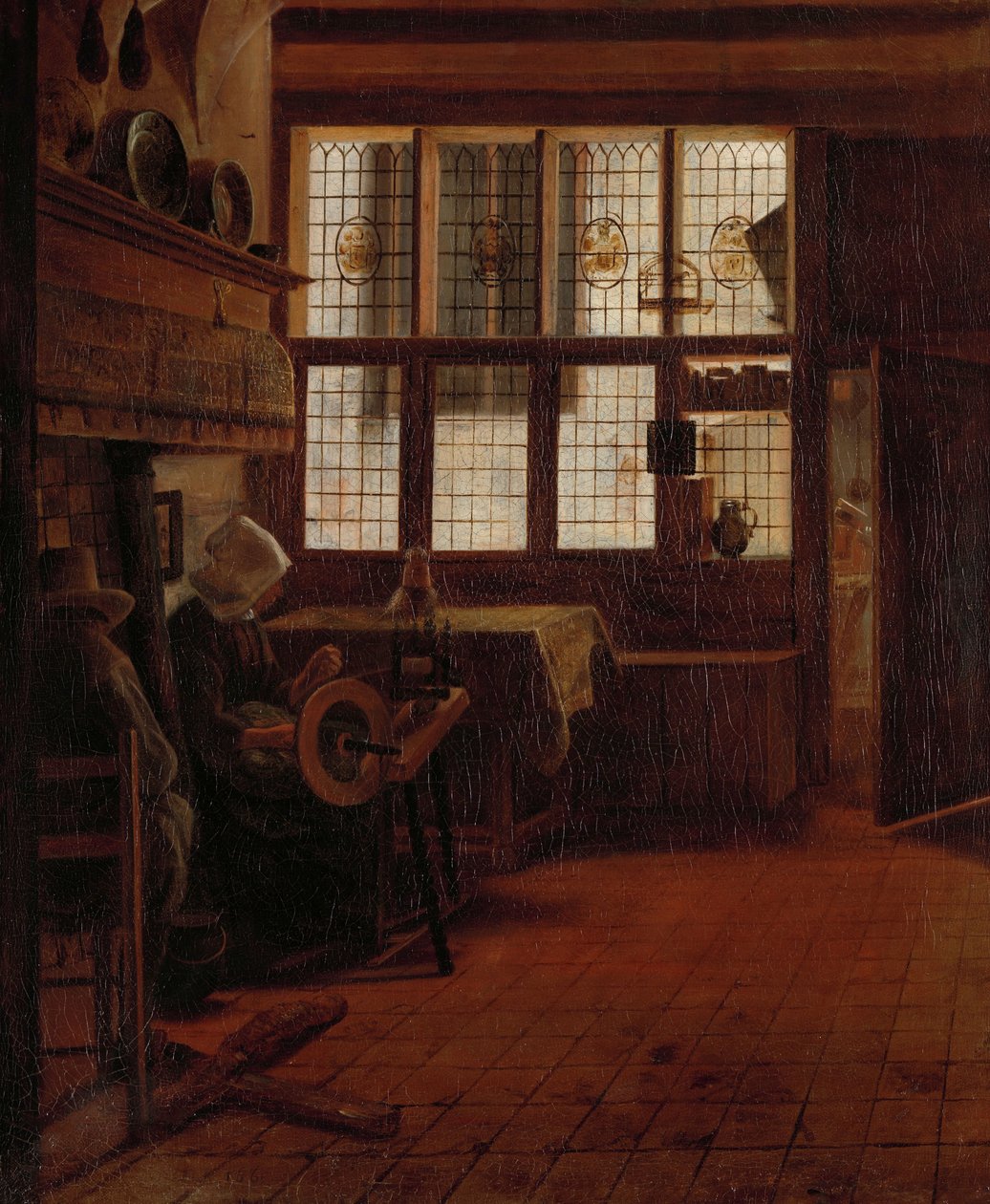 Intérieur avec femme à la roue à filer - Esaias Boursse