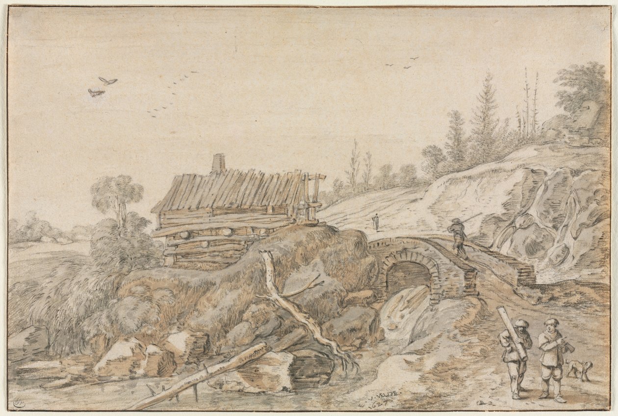 Paysage vallonné avec cabane au bord d