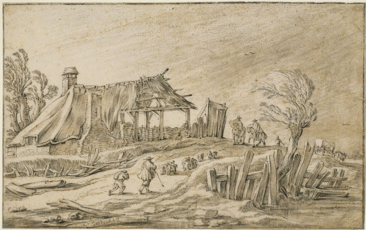Route de campagne avec un troupeau de moutons et des cavaliers sous une tempête de pluie - Esaias van de Velde
