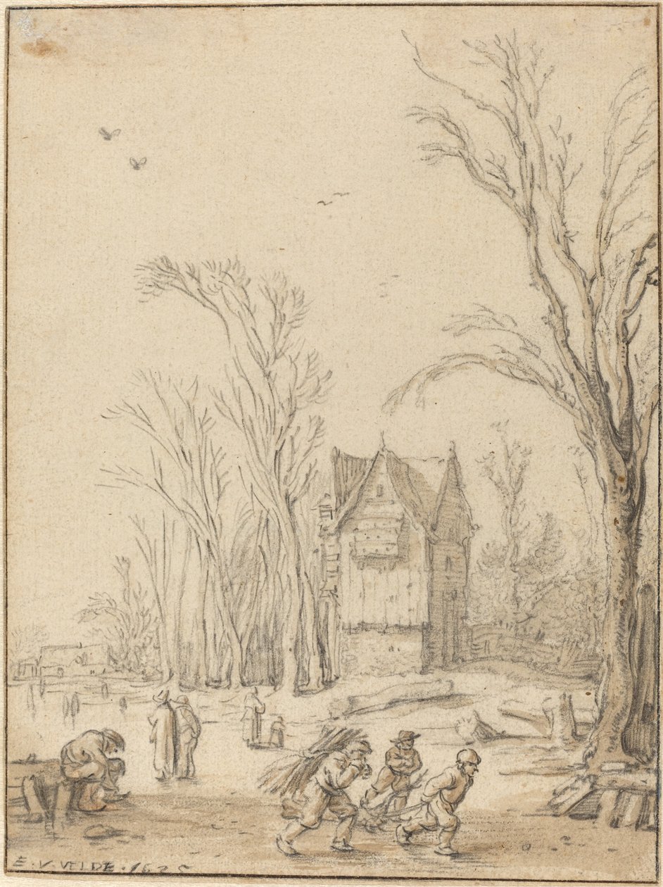 Villageois patinant sur un étang gelé - Esaias van de Velde