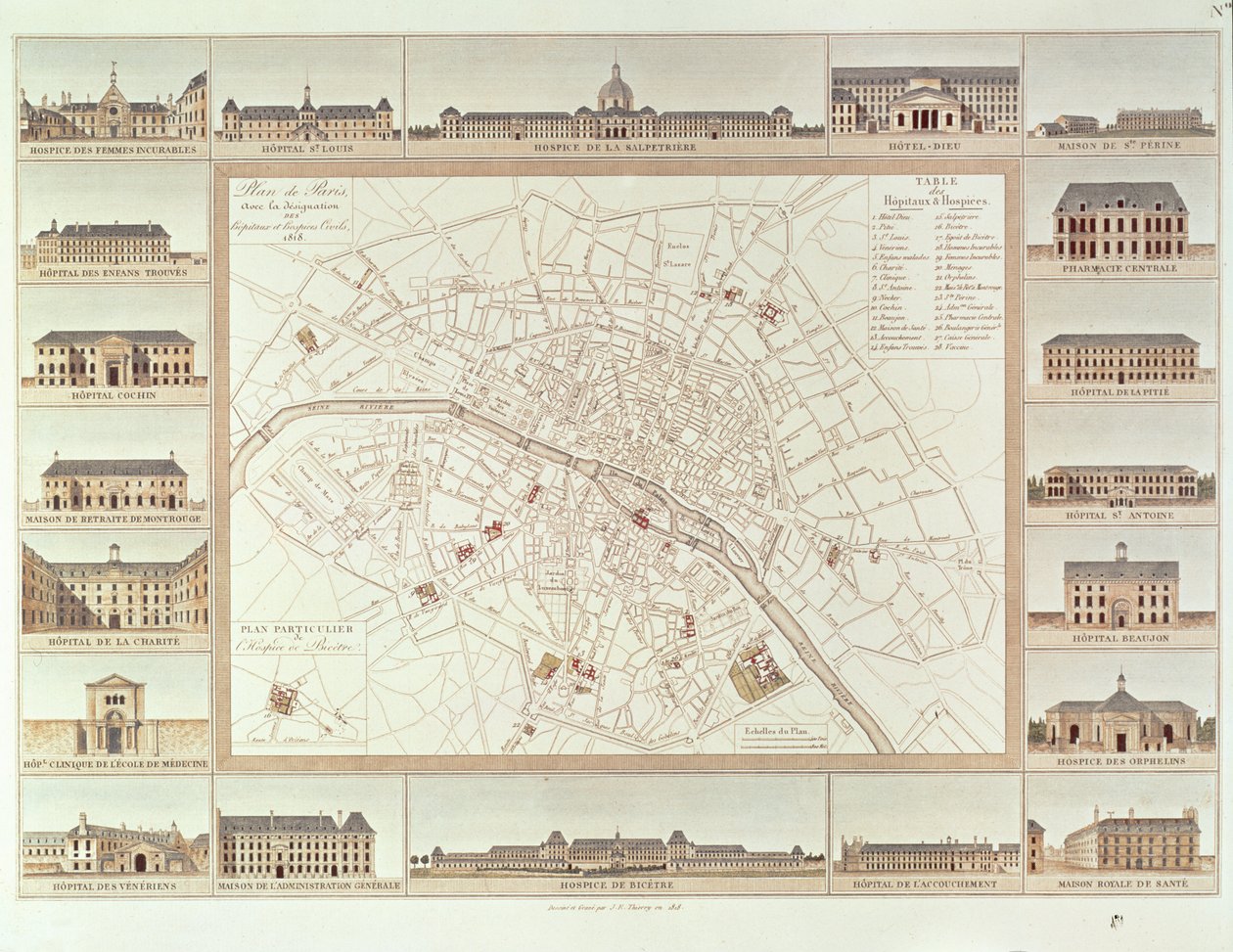 Plan de Paris indiquant les hôpitaux civils et les maisons, 1818, publié en 1820 - Etienne Jules Thierry