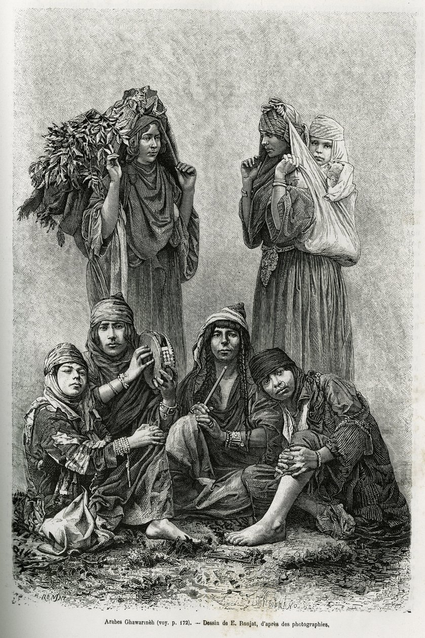 Arabes Ghawarineh, nomades du bassin de la mer Morte. Gravure par E. Ronjat, pour illustrer l