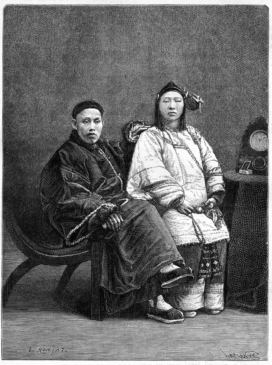Couple de notables chinois de San Francisco (États-Unis) au 19e siècle. Gravure d